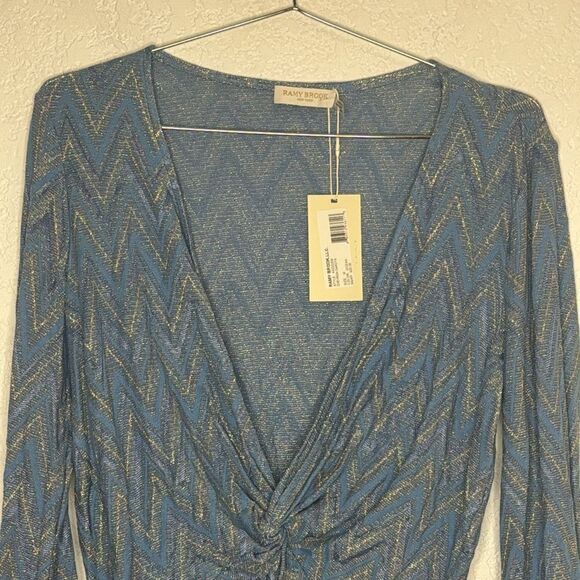 NWT Ramy Brook Chevron Dakota Twist-Front Crop Top Ocean Blue Medium - Picture 4 of 14